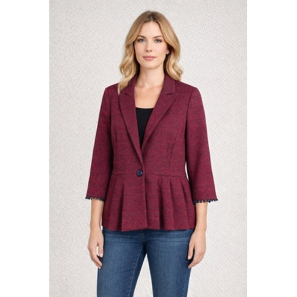 Anthropologie Tabitha Jacket Womens Large Red Stripe Knit‎ Peplum Pom Pom Blazer